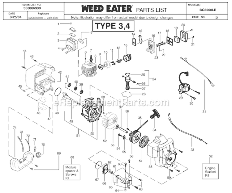Page E Diagram and Parts List for BC2500LE Type 3 Weed Eater Trimmer